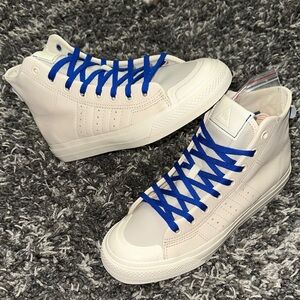 adidas Pharrell Nizza High-Top Sneakers in Off-White with Blue Laces